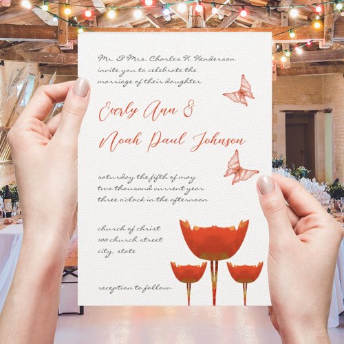 Coral  Gray Poppies Butterfly Wedding Invitation