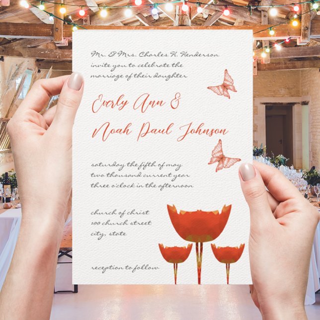 Coral & Gray Poppies Butterfly Wedding Invitation (Creator Uploaded)