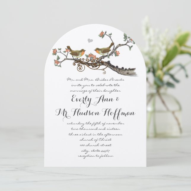 Coral & Gray Rustic Love Bird Wedding Invite (Standing Front)