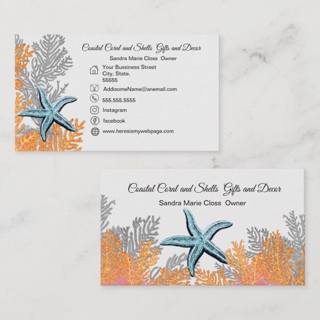 Coral Gray Teal Starfish  Simple Coastal Business Card (Front/Back)