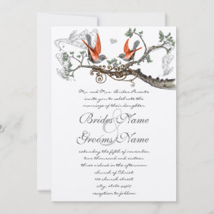 Coral & Gray Vintage Birds Wedding Invite