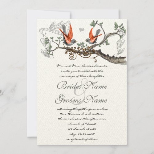 Coral  Gray Vintage Birds Wedding Invite