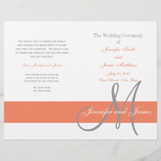 Coral Gray Wedding Program | Monogram (Front)