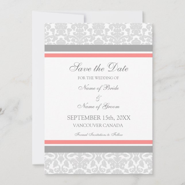 Coral Gray Wedding Save the Date Card (Front)