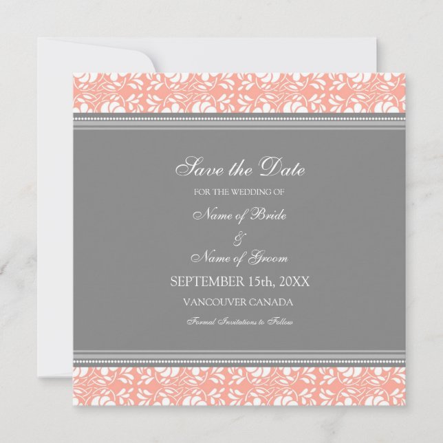 Coral Gray Wedding Save the Date Card (Front)