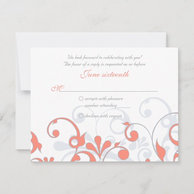 Coral Gray White Abstract Floral Wedding RSVP Card (Front)