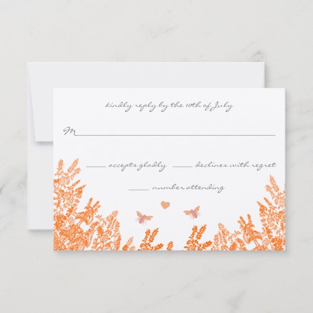 Coral & Gray Wild Flower Bee Wedding RSVP Card (Front)