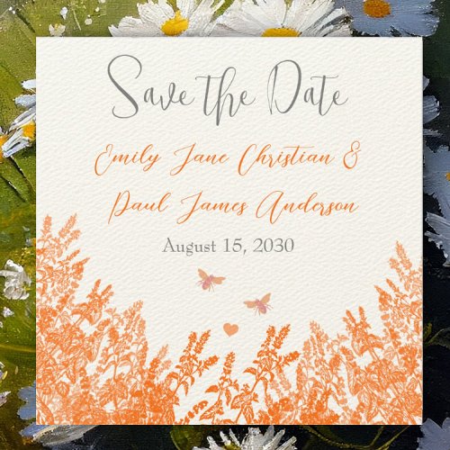 Coral  Gray Wild Flower Bee Wedding Save the Date
