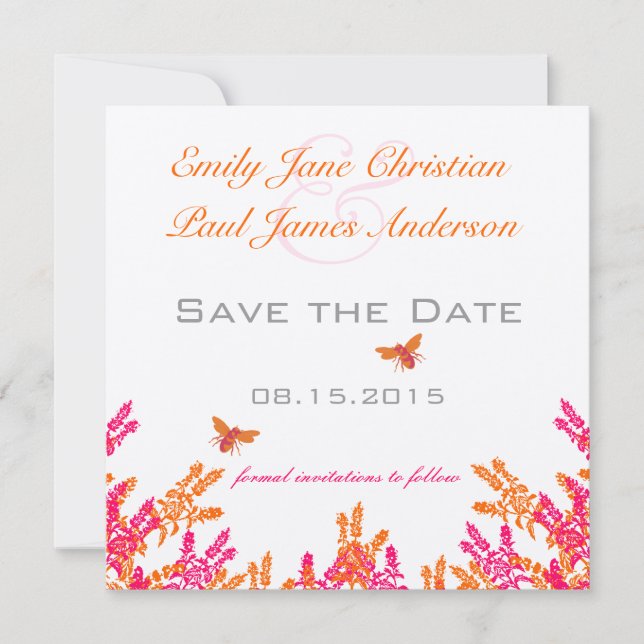 Coral & Gray Wild Flower Bee Wedding Save the Date (Front)