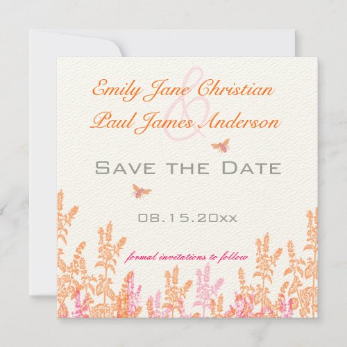 Coral  Gray Wild Flower Bee Wedding Save the Date