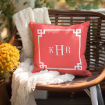 Coral Greek Key Border Custom Monogram Throw Pillow<br><div class="desc">Cute girly preppy modern geometric Greek key border personalized with your custom monogram name or initials. Click Customize It to change monogram font and colors to create your own unique one of a kind design!</div>