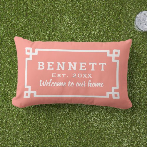 Coral Greek Key Custom Monogram Welcome Lumbar Pillow