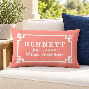 Coral Greek Key Monogram Welcome Lumbar Pillow
