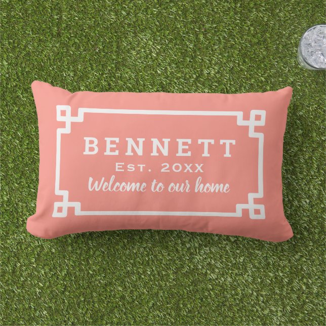 Coral Greek Key Monogram Welcome Lumbar Pillow (Grass)
