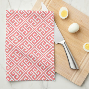 Coral Greek Key Pattern Kitchen Towel