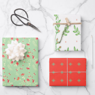 Coral, Green and White Floral Wrapping Paper Sheets