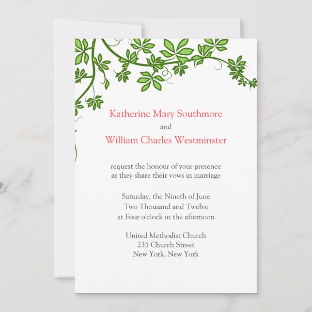 Coral, Green And White Wedding Invitations (Front)