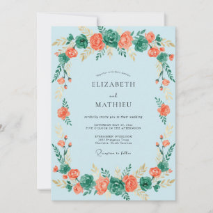 Coral Green Botanical Flourish Wedding Invitation