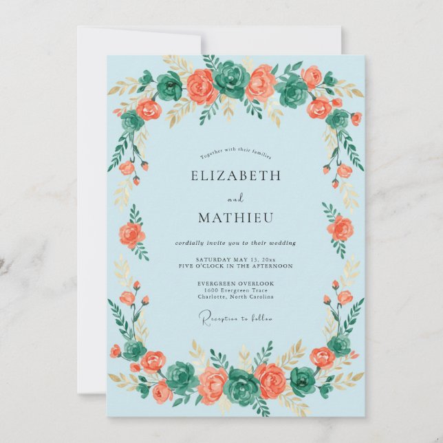 Coral Green Botanical Flourish Wedding Invitation (Front)