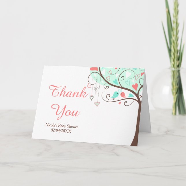 Coral & Green Floral Bird Baby Shower Thank You (Front)