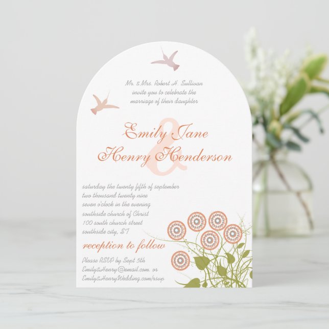 Coral Green Floral Hummingbird Love Bird Wedding Invitation (Standing Front)