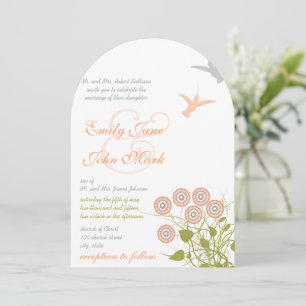 Coral Green Floral Hummingbird Love Bird Wedding Invitation