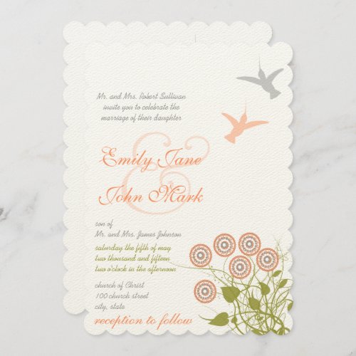 Coral Green Floral Hummingbird Love Bird Wedding Invitation