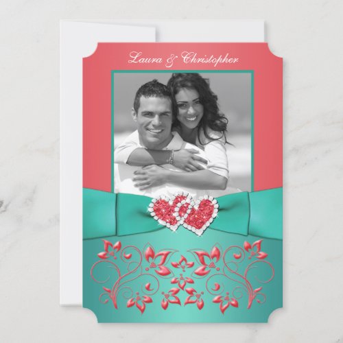 Coral Green Floral Joined Hearts PHOTO Invitation