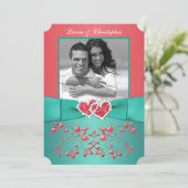 Coral, Green Floral Joined Hearts PHOTO Invitation (Standing Front)