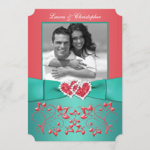 Coral, Green Floral Joined Hearts PHOTO Invitation