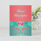 Coral Green Floral Joined Hearts Wedding Invite 2 (Standing Front)