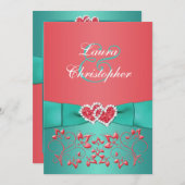 Coral Green Floral Joined Hearts Wedding Invite 2 (Front/Back)