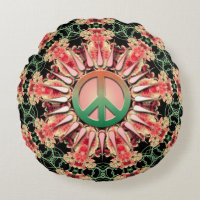 Coral Green Flower Circle of Peace Round Cushion