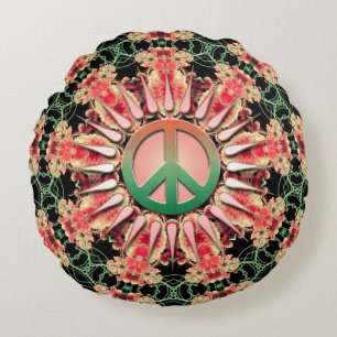 Coral Green Flower Circle of Peace Round Cushion