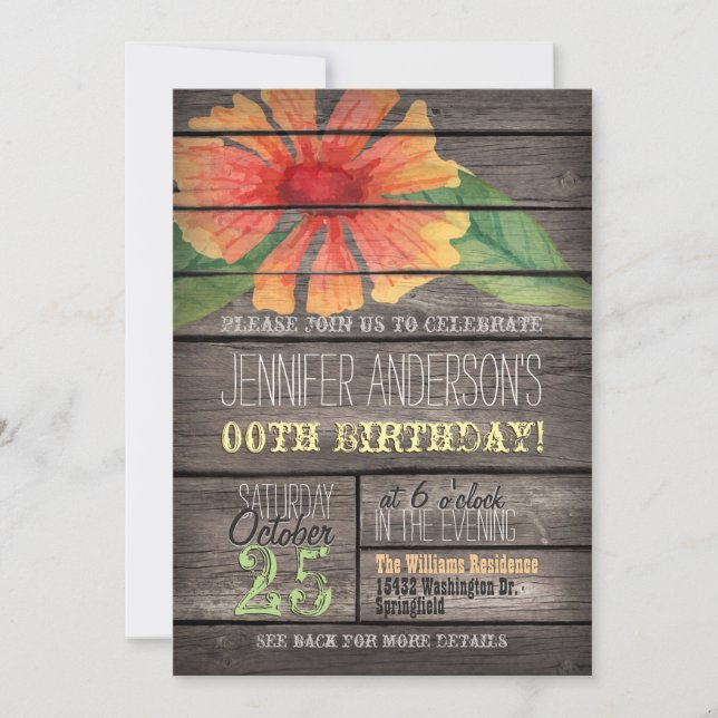 Coral, Green Flower Rustic Adult Teen Birthday Invitation (Front)