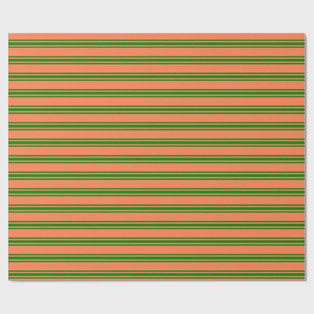Coral & Green Stripes Pattern Wrapping Paper (Flat)