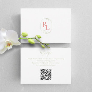Coral Green White Floral Monogram QR Wedding RSVP Card