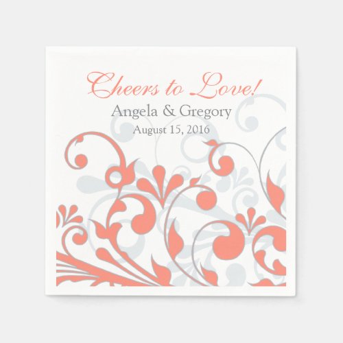 Coral Grey Abtract Floral Personalized Wedding Paper Napkins