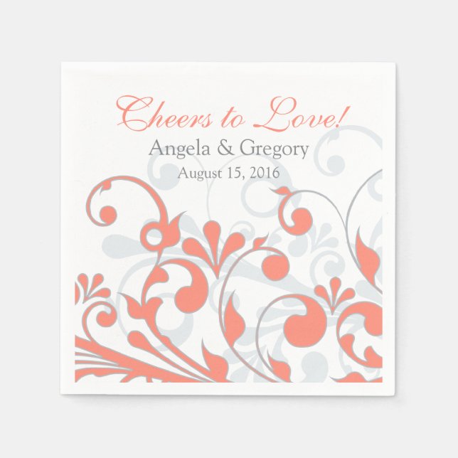 Coral Grey Abtract Floral Personalized Wedding Paper Napkins (Front)