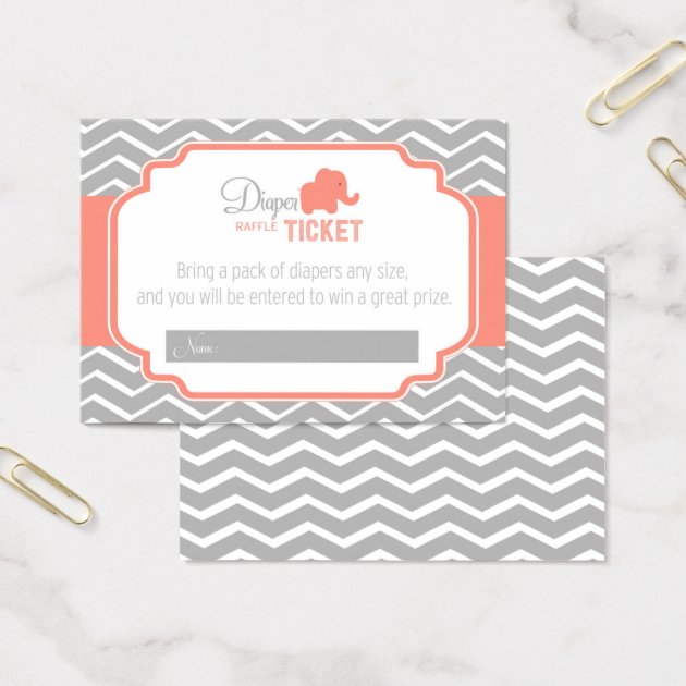 Coral Grey Chevron Baby Shower Diaper Raffle Business Card