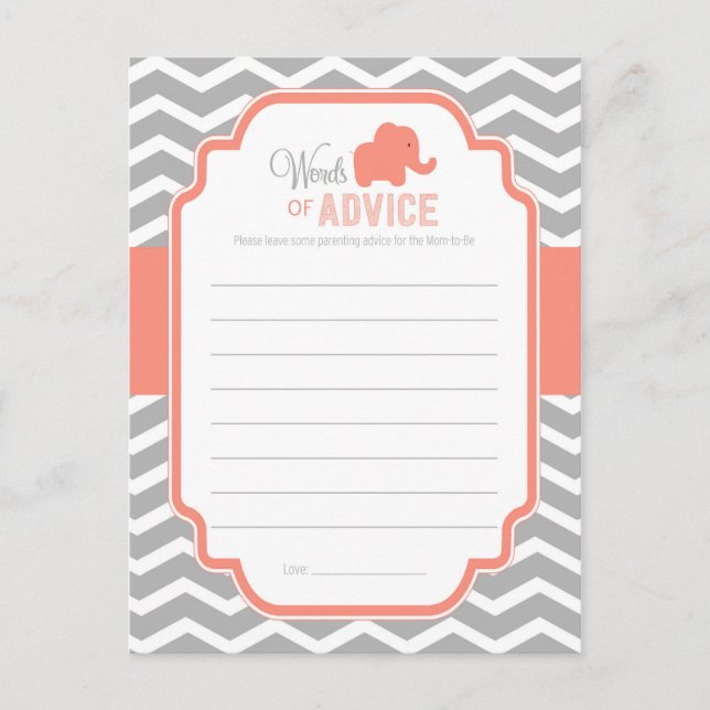 Coral Grey Chevron Elephant Baby Shower Advice Card (Front)