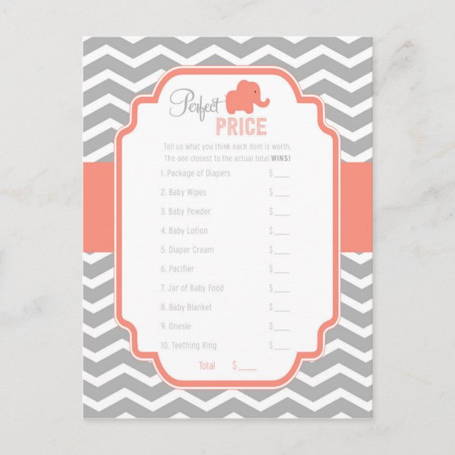Coral Grey Chevron Elephant Perfect Price Game Postcard (Front)