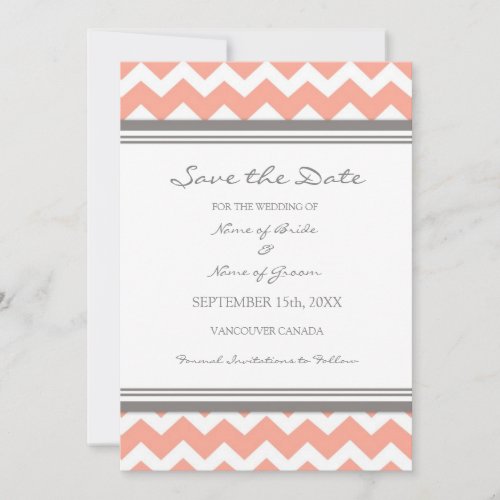 Coral Grey Chevron Photo Wedding Save the Date