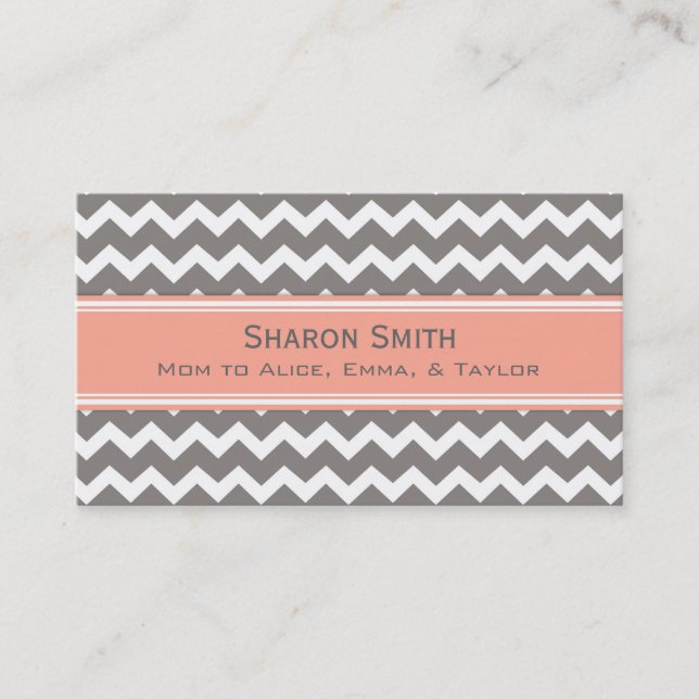 Coral Grey Chevron Retro Mom Calling Cards (Front)