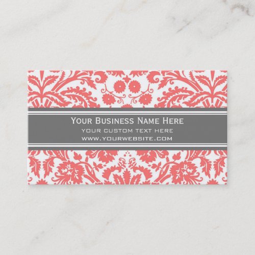 Coral Grey Damask Floral Business Cards