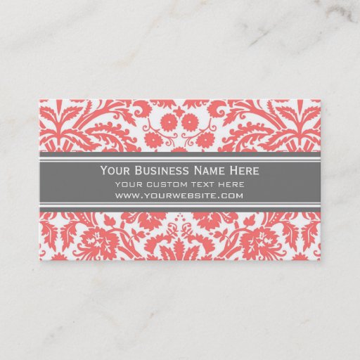 Customizable Coral Grey Damask Floral Business Cards