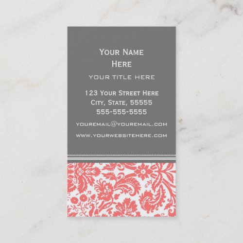 Coral Grey Damask Floral Business Cards