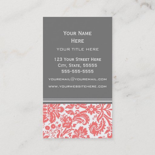 Customizable Coral Grey Damask Floral Business Cards