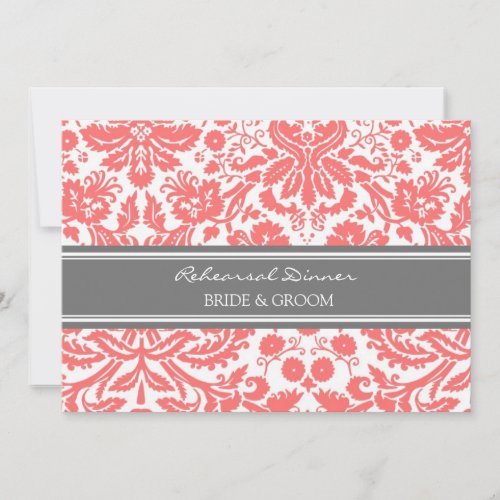 Coral Grey Damask Rehearsal Dinner Party Custom Invitation