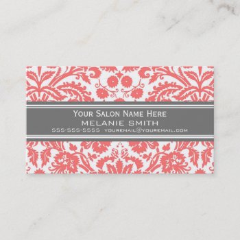 Coral Grey Damask Salon Appointment Cards by DreamingMindCards at Zazzle